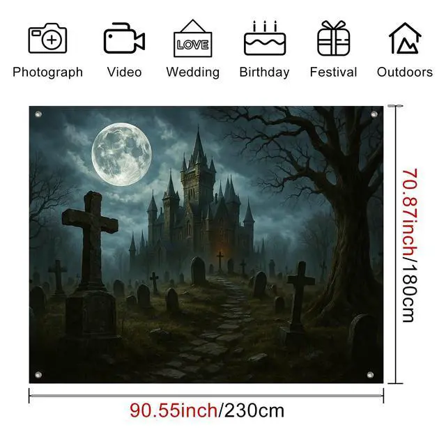 Alt view image 7 of 7 - Halloween Backdrop Haunted Castle Cemetery 8x6ft | Halloween Party Backdrop with Haunted Castle Cemetery Full Moon Tombstones Dead Tree Pathway for Photo Booth Decoration