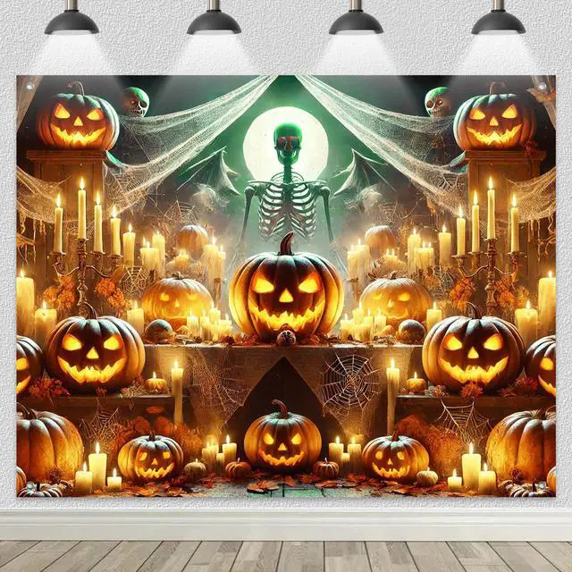 Main image of Halloween Backdrop Pumpkin Skeleton Moon Scene 8x6ft | Halloween Party Backdrop with Pumpkin Skeleton Bats for Indoor Outdoor Photo Booth and Wall Decoration