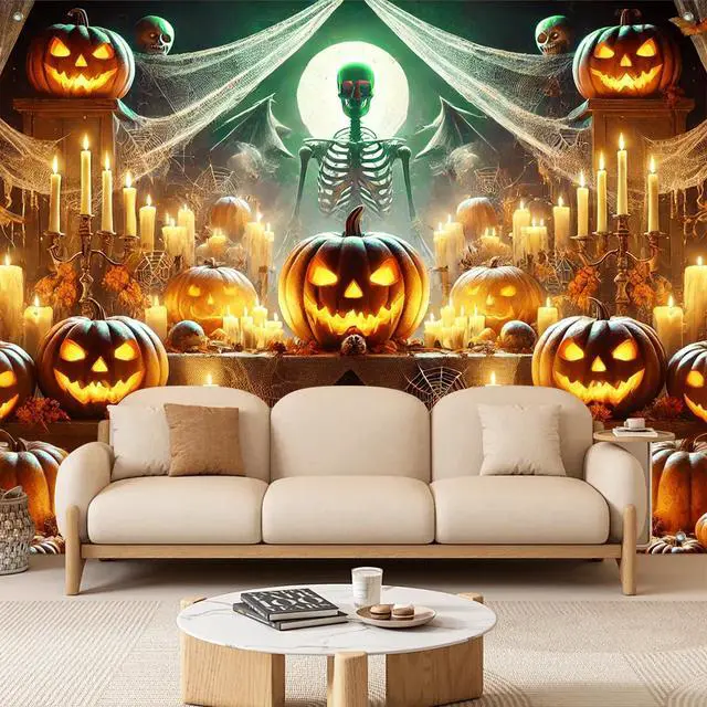 Alt view image 3 of 7 - Halloween Backdrop Pumpkin Skeleton Moon Scene 8x6ft | Halloween Party Backdrop with Pumpkin Skeleton Bats for Indoor Outdoor Photo Booth and Wall Decoration