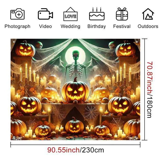 Alt view image 4 of 7 - Halloween Backdrop Pumpkin Skeleton Moon Scene 8x6ft | Halloween Party Backdrop with Pumpkin Skeleton Bats for Indoor Outdoor Photo Booth and Wall Decoration