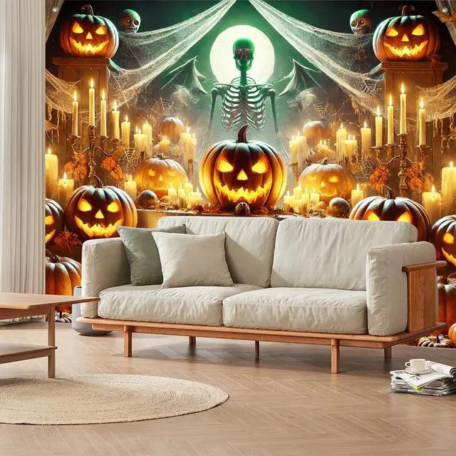 Alt view image 5 of 7 - Halloween Backdrop Pumpkin Skeleton Moon Scene 8x6ft | Halloween Party Backdrop with Pumpkin Skeleton Bats for Indoor Outdoor Photo Booth and Wall Decoration
