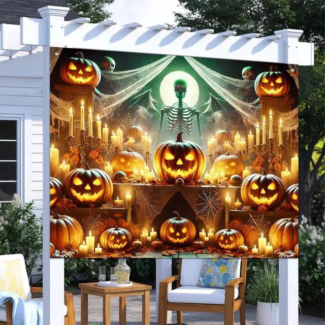 Alt view image 6 of 7 - Halloween Backdrop Pumpkin Skeleton Moon Scene 8x6ft | Halloween Party Backdrop with Pumpkin Skeleton Bats for Indoor Outdoor Photo Booth and Wall Decoration