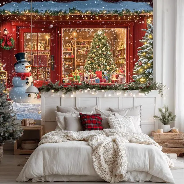 Alt view image 3 of 7 - Window Snowman Scene Christmas Backdrop 8x6ft | Merry Christmas Backdrop with Snowman Christmas Tree Gifts for Indoor Outdoor Holiday Party Decoration