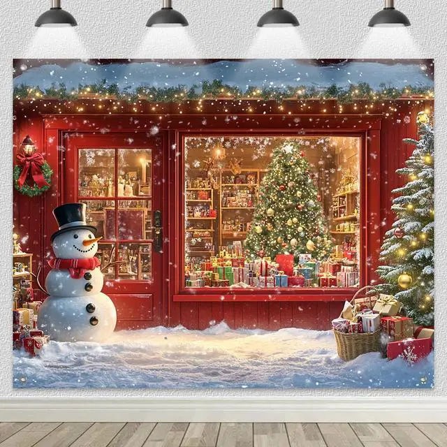 Alt view image 2 of 7 - Window Snowman Scene Christmas Backdrop 8x6ft | Merry Christmas Backdrop with Snowman Christmas Tree Gifts for Indoor Outdoor Holiday Party Decoration