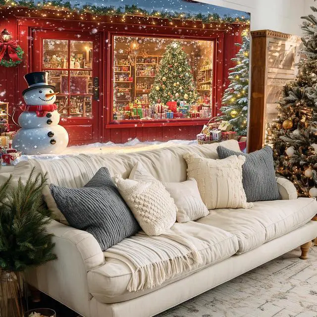 Alt view image 5 of 7 - Window Snowman Scene Christmas Backdrop 8x6ft | Merry Christmas Backdrop with Snowman Christmas Tree Gifts for Indoor Outdoor Holiday Party Decoration