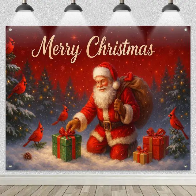 Alt view image 2 of 7 - Santa Claus Holiday Christmas Backdrop 8x6ft | Merry Christmas Backdrop with Santa Claus Cardinal Bird for Indoor Outdoor Holiday Party Decoration
