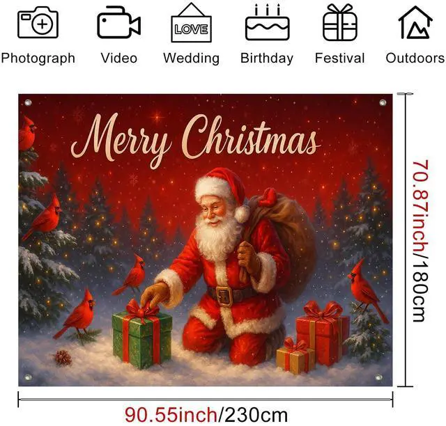 Alt view image 4 of 7 - Santa Claus Holiday Christmas Backdrop 8x6ft | Merry Christmas Backdrop with Santa Claus Cardinal Bird for Indoor Outdoor Holiday Party Decoration