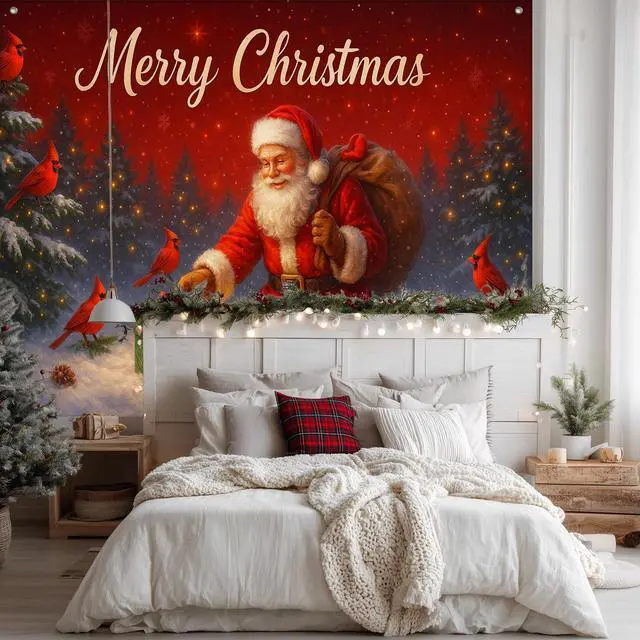 Alt view image 3 of 7 - Santa Claus Holiday Christmas Backdrop 8x6ft | Merry Christmas Backdrop with Santa Claus Cardinal Bird for Indoor Outdoor Holiday Party Decoration