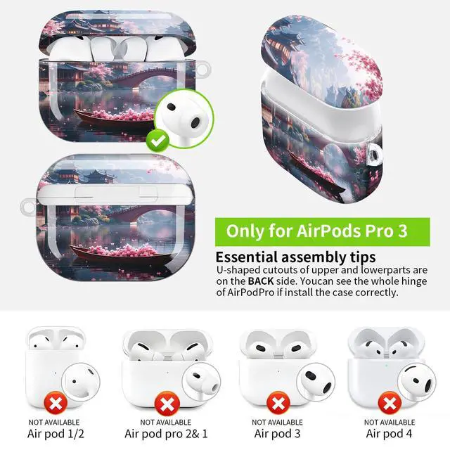 Alt view image 3 of 7 - Hard Protective Case for AirPod Pro 3, Shockproof Durable Shell with Keychain, Cute Stylish Design(Cherry Blossom Bridge Temple Lake Boat Spring)