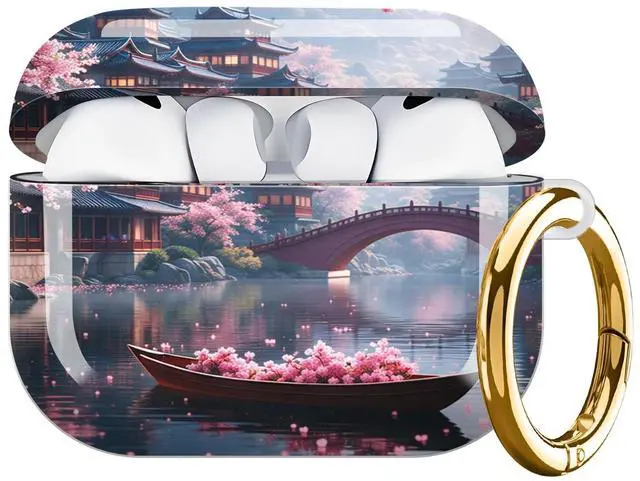 Main image of Hard Protective Case for AirPod Pro 3, Shockproof Durable Shell with Keychain, Cute Stylish Design(Cherry Blossom Bridge Temple Lake Boat Spring)