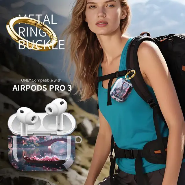 Alt view image 2 of 7 - Hard Protective Case for AirPod Pro 3, Shockproof Durable Shell with Keychain, Cute Stylish Design(Cherry Blossom Bridge Temple Lake Boat Spring)