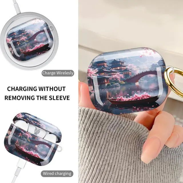 Alt view image 4 of 7 - Hard Protective Case for AirPod Pro 3, Shockproof Durable Shell with Keychain, Cute Stylish Design(Cherry Blossom Bridge Temple Lake Boat Spring)