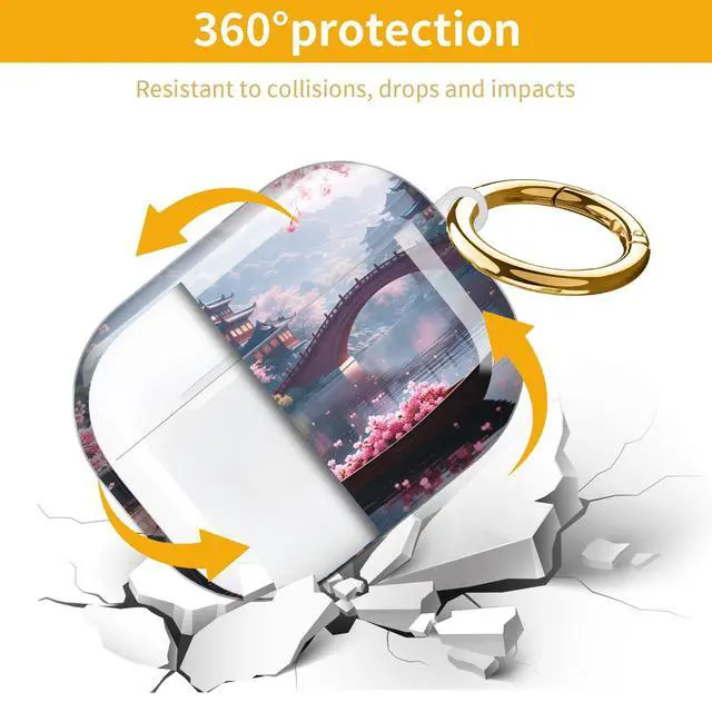 Alt view image 5 of 7 - Hard Protective Case for AirPod Pro 3, Shockproof Durable Shell with Keychain, Cute Stylish Design(Cherry Blossom Bridge Temple Lake Boat Spring)