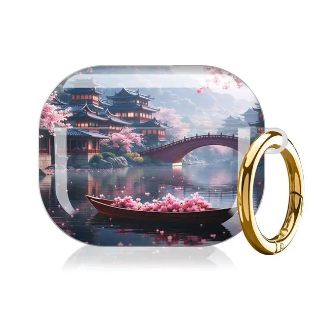 Alt view image 7 of 7 - Hard Protective Case for AirPod Pro 3, Shockproof Durable Shell with Keychain, Cute Stylish Design(Cherry Blossom Bridge Temple Lake Boat Spring)