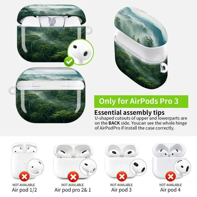 Alt view image 3 of 7 - Hard Protective Case for AirPod Pro 3, Shockproof Durable Shell with Keychain, Cute Stylish Design(Misty Forest Canopy Green Trees Mountains)