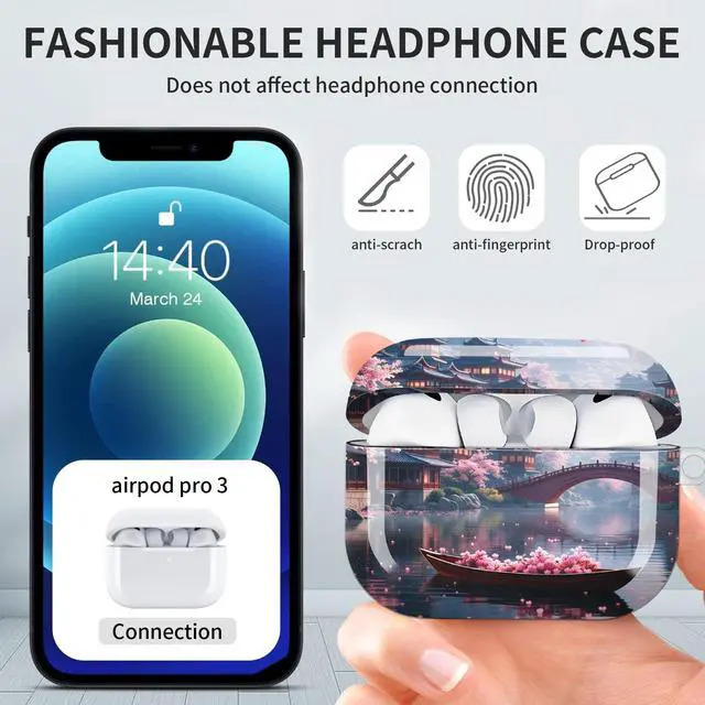 Alt view image 6 of 7 - Hard Protective Case for AirPod Pro 3, Shockproof Durable Shell with Keychain, Cute Stylish Design(Cherry Blossom Bridge Temple Lake Boat Spring)
