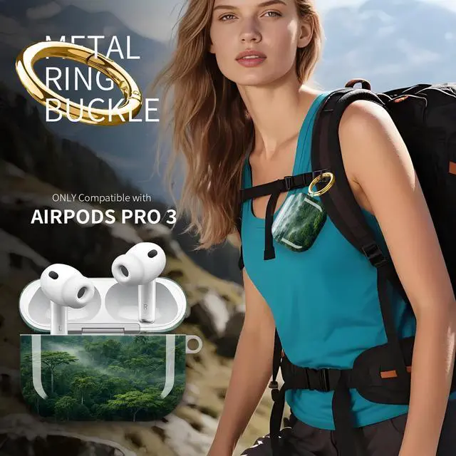 Alt view image 2 of 7 - Hard Protective Case for AirPod Pro 3, Shockproof Durable Shell with Keychain, Cute Stylish Design(Misty Forest Canopy Green Trees Mountains)