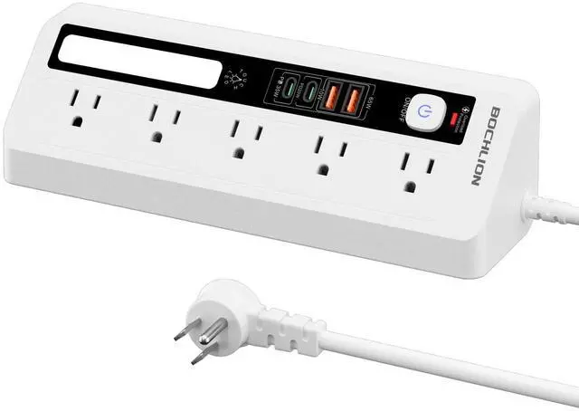 Main image of Desk Extension Lead with USB Slots, PD 35W + PD 20W Fast Charging Power Station with Night Light, 5 Way Plug Extension Socket Surge Protector, Desktop Power Strip 1.8M for Home Office (White)
