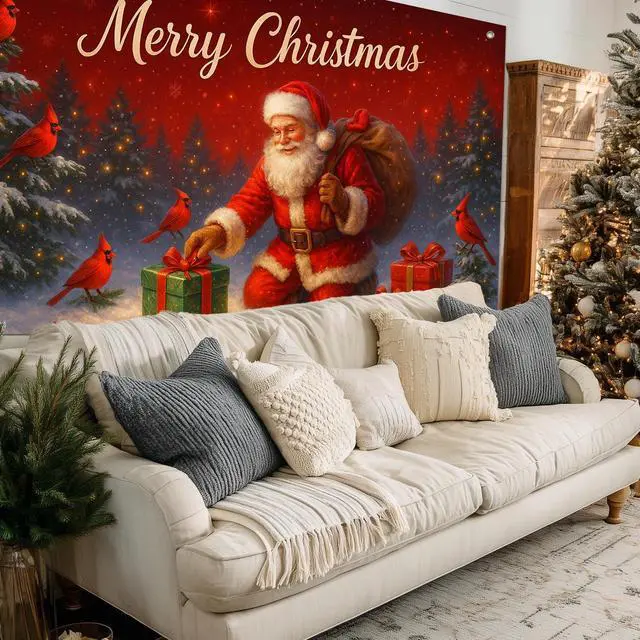 Alt view image 5 of 7 - Santa Claus Holiday Christmas Backdrop 8x6ft | Merry Christmas Backdrop with Santa Claus Cardinal Bird for Indoor Outdoor Holiday Party Decoration