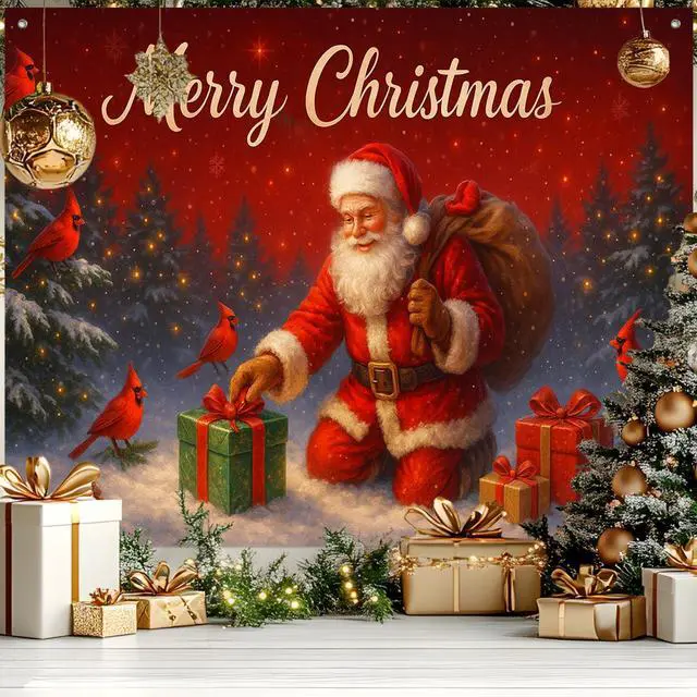 Alt view image 6 of 7 - Santa Claus Holiday Christmas Backdrop 8x6ft | Merry Christmas Backdrop with Santa Claus Cardinal Bird for Indoor Outdoor Holiday Party Decoration