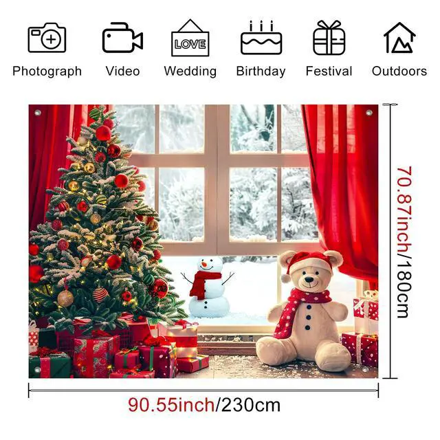 Alt view image 3 of 7 - Christmas Tree and Teddy Bear Backdrop 8x6ft | Merry Christmas Backdrop with Christmas Tree Teddy Bear Snowman for Indoor Outdoor Holiday Party Decoration