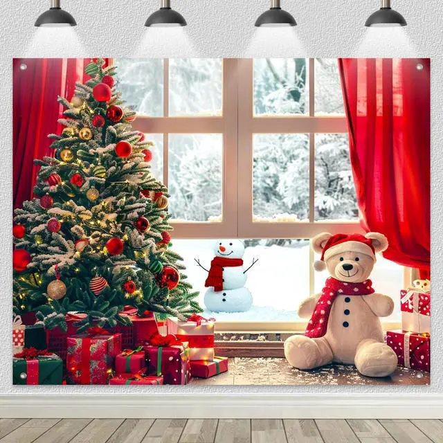 Alt view image 4 of 7 - Christmas Tree and Teddy Bear Backdrop 8x6ft | Merry Christmas Backdrop with Christmas Tree Teddy Bear Snowman for Indoor Outdoor Holiday Party Decoration