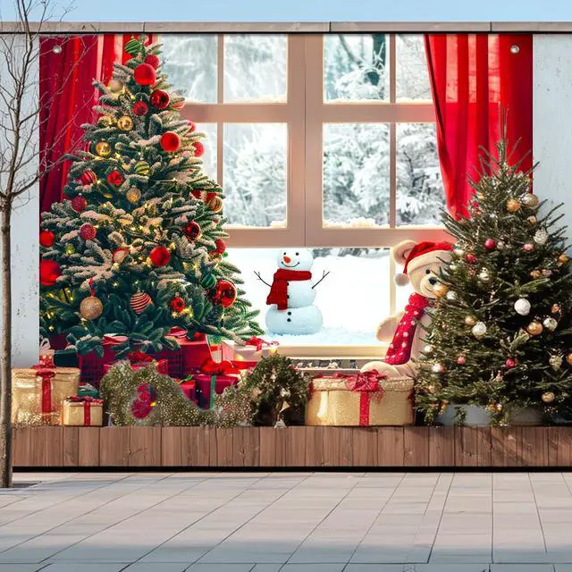 Alt view image 6 of 7 - Christmas Tree and Teddy Bear Backdrop 8x6ft | Merry Christmas Backdrop with Christmas Tree Teddy Bear Snowman for Indoor Outdoor Holiday Party Decoration