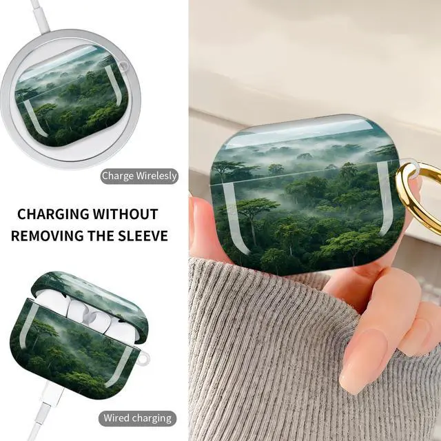 Alt view image 4 of 7 - Hard Protective Case for AirPod Pro 3, Shockproof Durable Shell with Keychain, Cute Stylish Design(Misty Forest Canopy Green Trees Mountains)