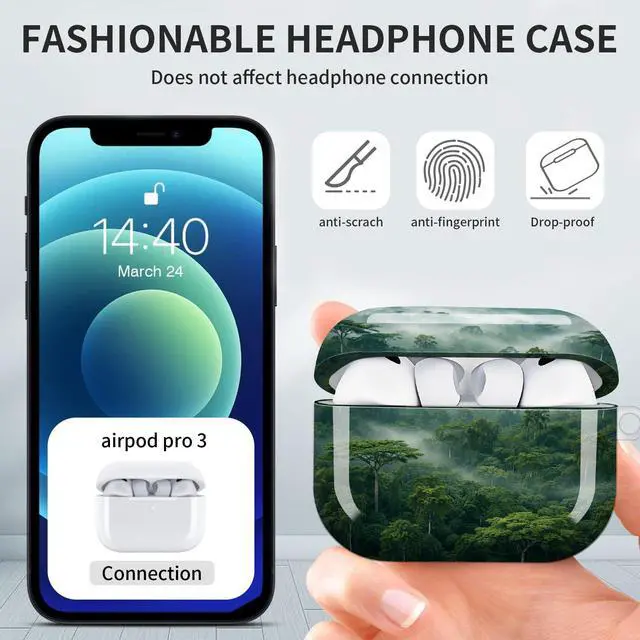 Alt view image 6 of 7 - Hard Protective Case for AirPod Pro 3, Shockproof Durable Shell with Keychain, Cute Stylish Design(Misty Forest Canopy Green Trees Mountains)