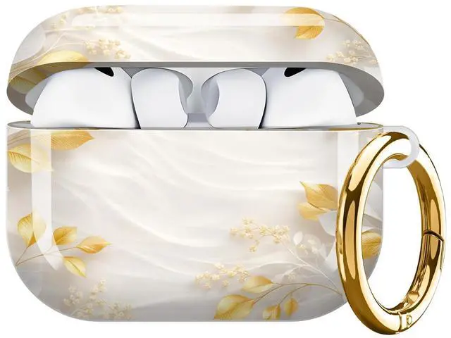 Main image of Hard Protective Case for AirPod Pro 3, Shockproof Durable Shell with Keychain, Cute Stylish Design(Golden Leaves White Flowers Elegant)