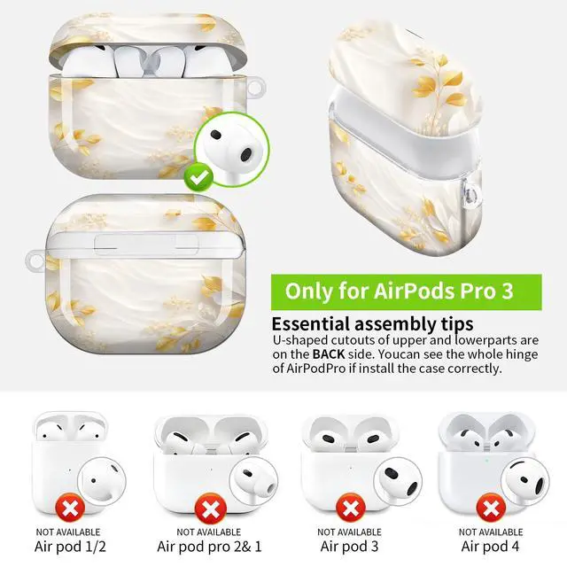 Alt view image 3 of 7 - Hard Protective Case for AirPod Pro 3, Shockproof Durable Shell with Keychain, Cute Stylish Design(Golden Leaves White Flowers Elegant)