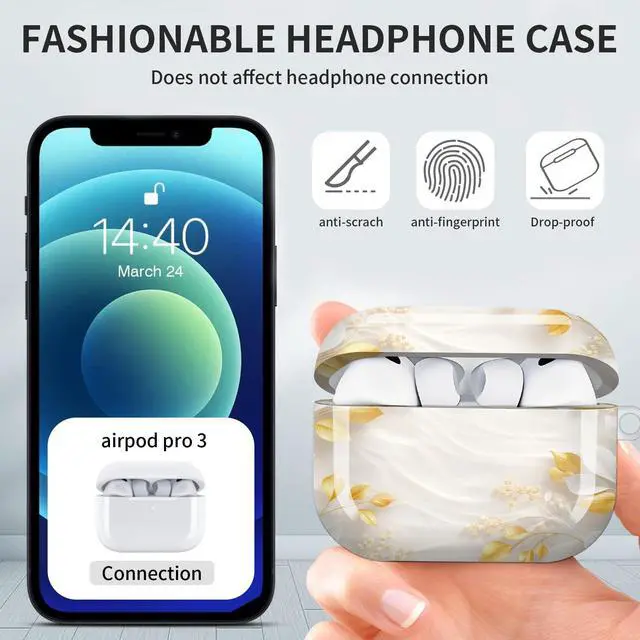 Alt view image 6 of 7 - Hard Protective Case for AirPod Pro 3, Shockproof Durable Shell with Keychain, Cute Stylish Design(Golden Leaves White Flowers Elegant)