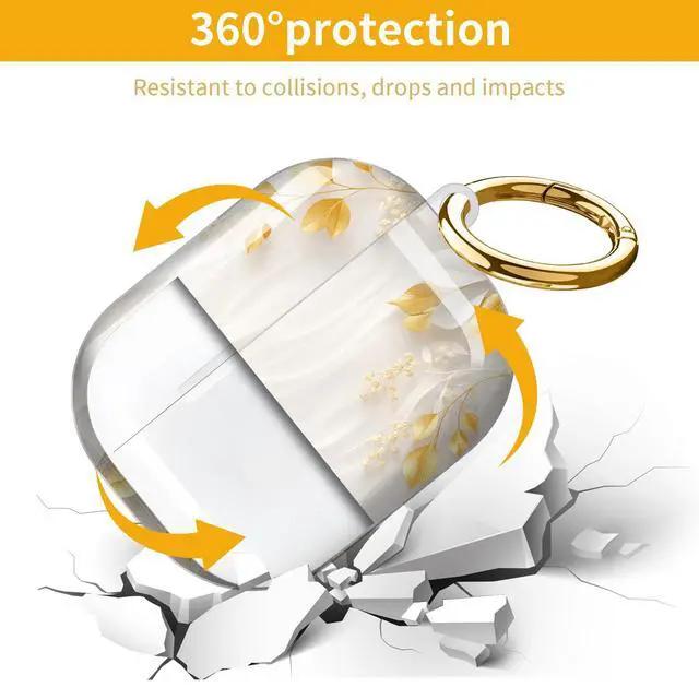 Alt view image 5 of 7 - Hard Protective Case for AirPod Pro 3, Shockproof Durable Shell with Keychain, Cute Stylish Design(Golden Leaves White Flowers Elegant)