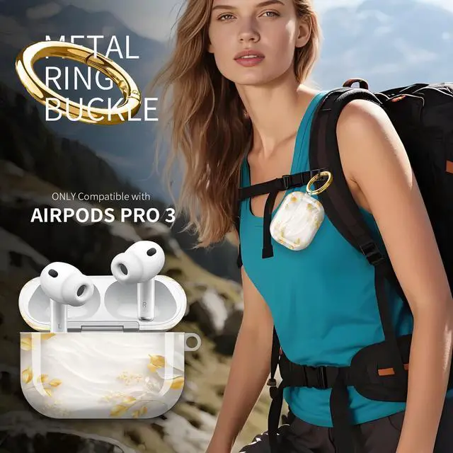 Alt view image 2 of 7 - Hard Protective Case for AirPod Pro 3, Shockproof Durable Shell with Keychain, Cute Stylish Design(Golden Leaves White Flowers Elegant)