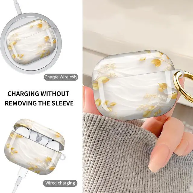 Alt view image 4 of 7 - Hard Protective Case for AirPod Pro 3, Shockproof Durable Shell with Keychain, Cute Stylish Design(Golden Leaves White Flowers Elegant)