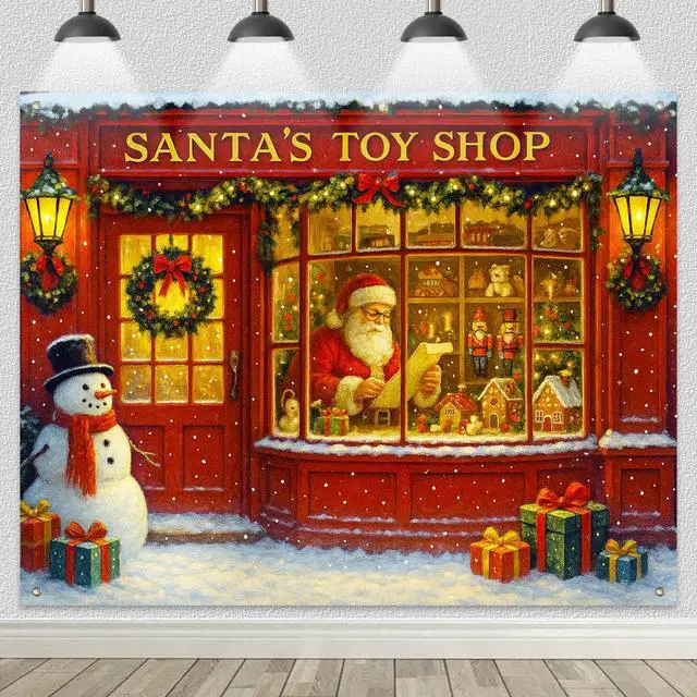 Alt view image 2 of 7 - Santa Toy Shop Christmas Backdrop 8x6ft | Merry Christmas Backdrop with Santa Claus Snowman Gifts for Indoor Outdoor Holiday Party Decoration