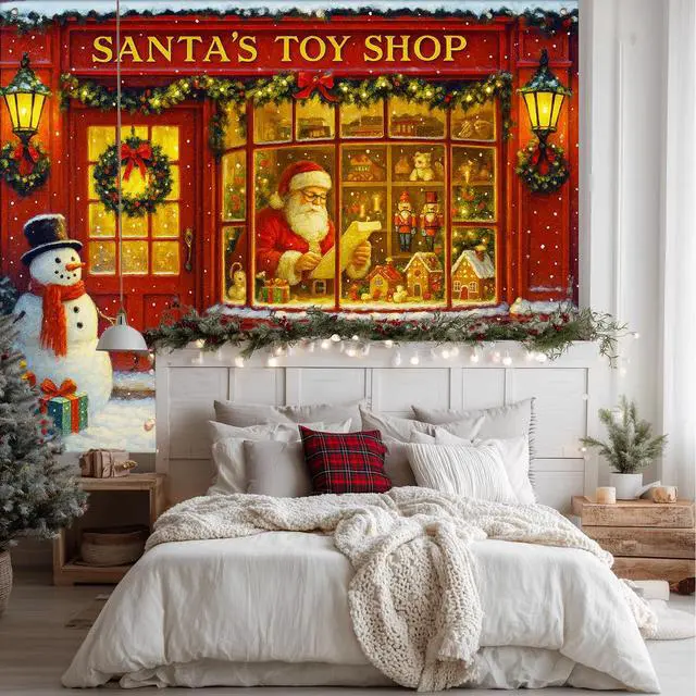 Alt view image 3 of 7 - Santa Toy Shop Christmas Backdrop 8x6ft | Merry Christmas Backdrop with Santa Claus Snowman Gifts for Indoor Outdoor Holiday Party Decoration
