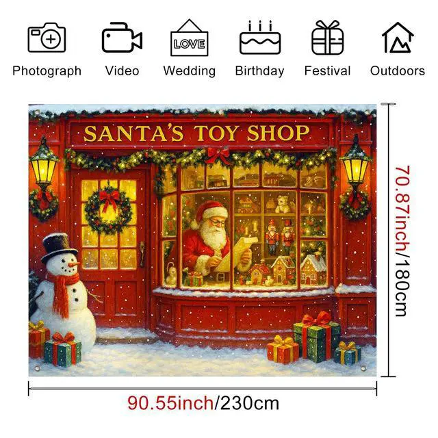 Alt view image 4 of 7 - Santa Toy Shop Christmas Backdrop 8x6ft | Merry Christmas Backdrop with Santa Claus Snowman Gifts for Indoor Outdoor Holiday Party Decoration