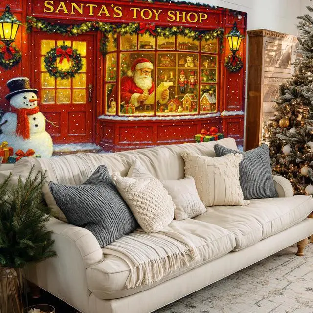 Alt view image 5 of 7 - Santa Toy Shop Christmas Backdrop 8x6ft | Merry Christmas Backdrop with Santa Claus Snowman Gifts for Indoor Outdoor Holiday Party Decoration
