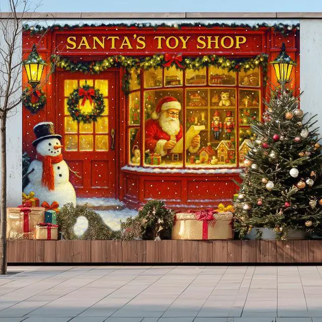 Alt view image 6 of 7 - Santa Toy Shop Christmas Backdrop 8x6ft | Merry Christmas Backdrop with Santa Claus Snowman Gifts for Indoor Outdoor Holiday Party Decoration