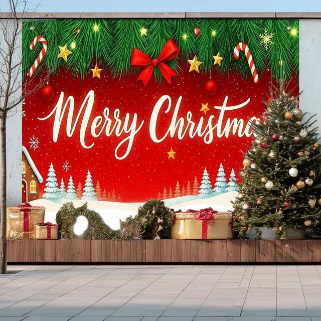 Main image of Red Christmas Tree Snowflake Backdrop Banner 8x6ft | Merry Christmas Backdrop with Pine Tree Snowflakes Stars Candy Canes for Indoor Outdoor Winter Party Decoration