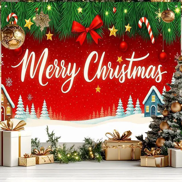 Alt view image 2 of 7 - Red Christmas Tree Snowflake Backdrop Banner 8x6ft | Merry Christmas Backdrop with Pine Tree Snowflakes Stars Candy Canes for Indoor Outdoor Winter Party Decoration