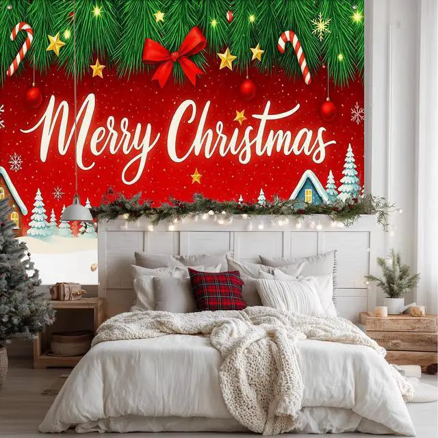 Alt view image 3 of 7 - Red Christmas Tree Snowflake Backdrop Banner 8x6ft | Merry Christmas Backdrop with Pine Tree Snowflakes Stars Candy Canes for Indoor Outdoor Winter Party Decoration