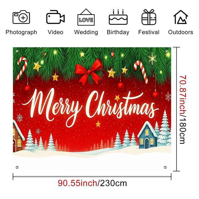 Alt view image 4 of 7 - Red Christmas Tree Snowflake Backdrop Banner 8x6ft | Merry Christmas Backdrop with Pine Tree Snowflakes Stars Candy Canes for Indoor Outdoor Winter Party Decoration