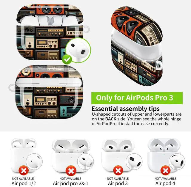 Alt view image 3 of 7 - Hard Protective Case for AirPod Pro 3, Shockproof Durable Shell with Keychain, Cute Stylish Design(Vintage Audio Equipment Collage)