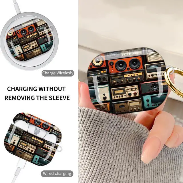 Alt view image 4 of 7 - Hard Protective Case for AirPod Pro 3, Shockproof Durable Shell with Keychain, Cute Stylish Design(Vintage Audio Equipment Collage)