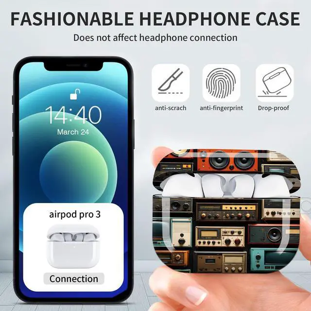 Alt view image 6 of 7 - Hard Protective Case for AirPod Pro 3, Shockproof Durable Shell with Keychain, Cute Stylish Design(Vintage Audio Equipment Collage)