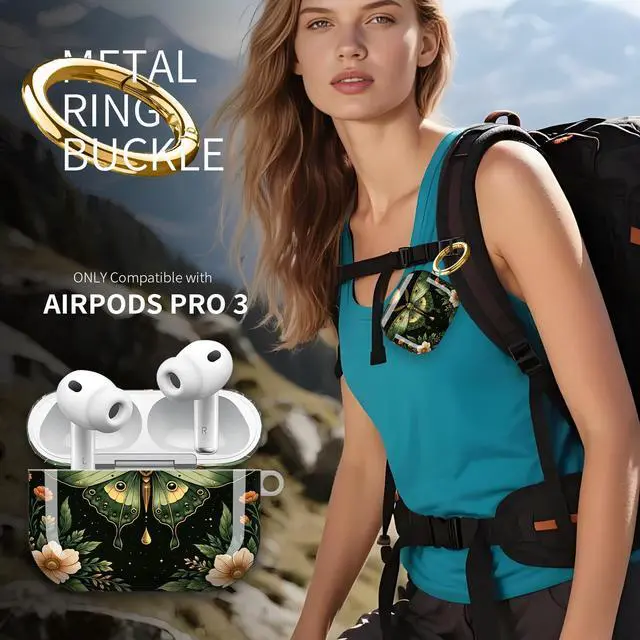 Alt view image 2 of 7 - Hard Protective Case for AirPod Pro 3, Shockproof Durable Shell with Keychain, Cute Stylish Design(Moonlit Moth Floral Night)