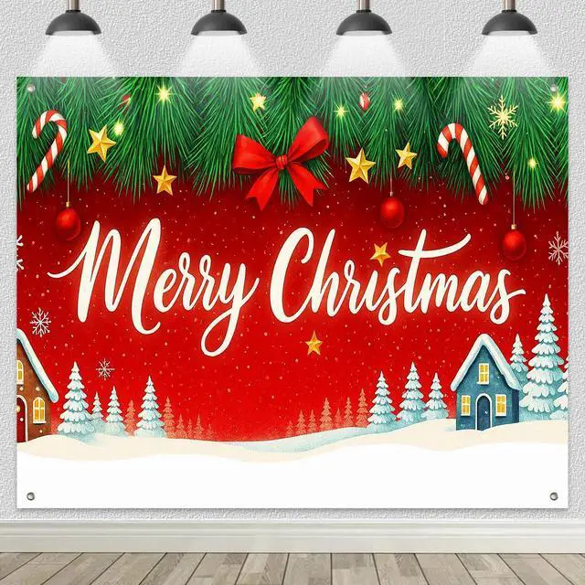 Alt view image 6 of 7 - Red Christmas Tree Snowflake Backdrop Banner 8x6ft | Merry Christmas Backdrop with Pine Tree Snowflakes Stars Candy Canes for Indoor Outdoor Winter Party Decoration