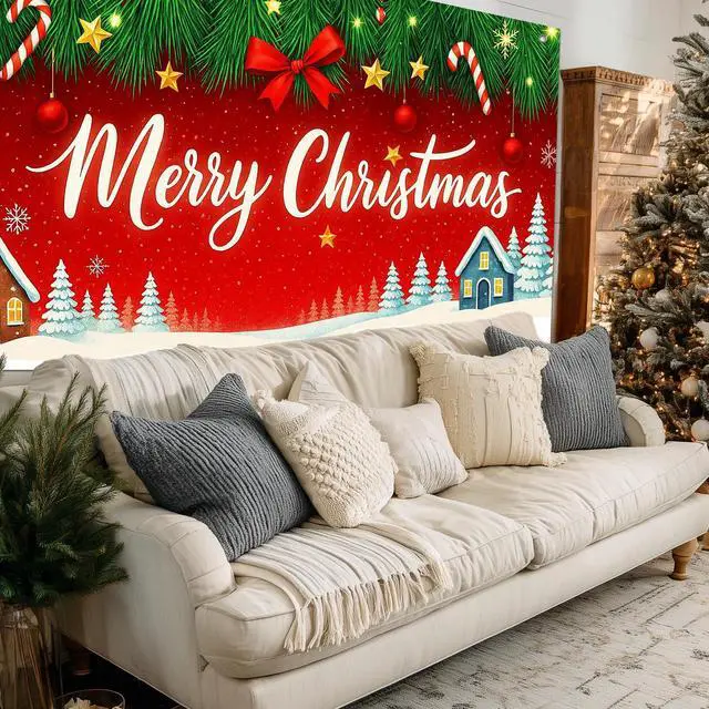 Alt view image 5 of 7 - Red Christmas Tree Snowflake Backdrop Banner 8x6ft | Merry Christmas Backdrop with Pine Tree Snowflakes Stars Candy Canes for Indoor Outdoor Winter Party Decoration